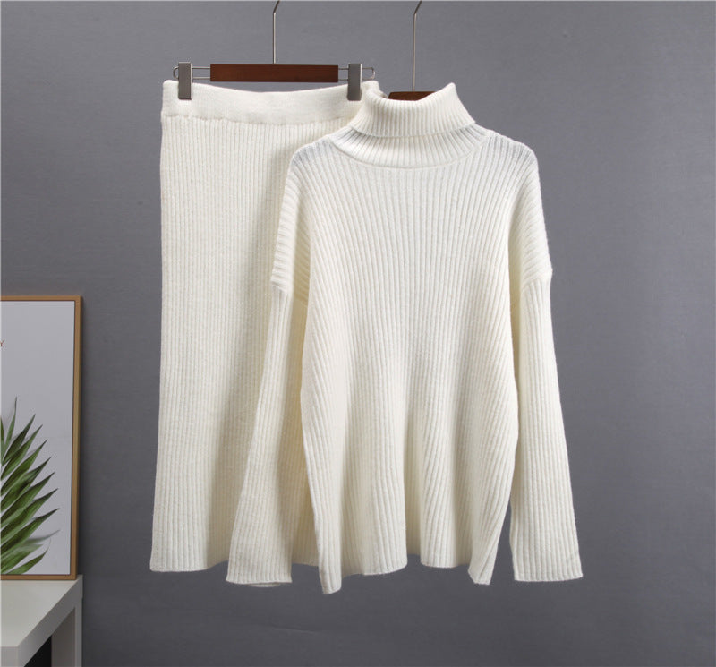Women’s Ribbed Knit Turtleneck Sweater & Skirt Set – Elegant Two-Piece Outfit