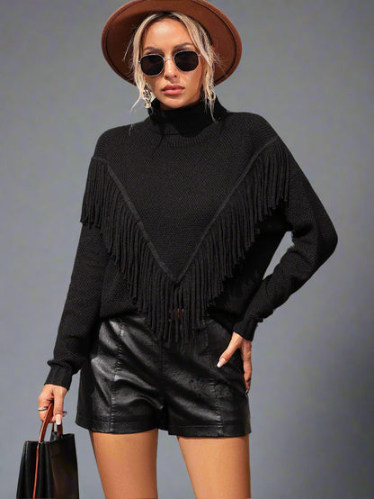 Women’s Loose-Fit Turtleneck Knit Sweater with Tassel Detailing