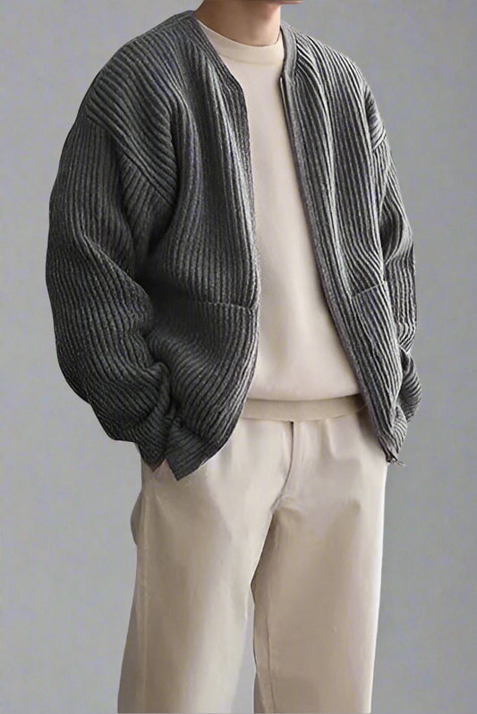 Men’s Zip-Up Knitted Cardigan with Pockets – Soft Funnel Neck Sweater for All Seasons