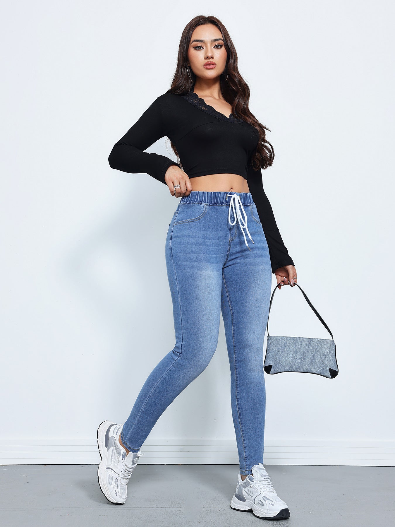High Elastic Drawstring Skinny Denim Joggers for Women