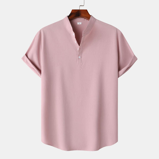 Men’s Linen Short Sleeve Shirt – Stand Collar Solid Color Pullover