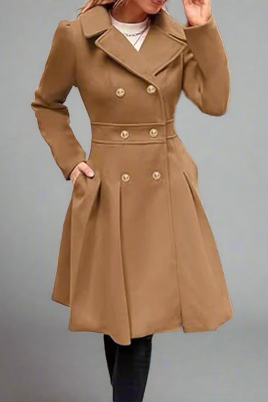 Women’s Double-Breasted A-Line Pea Coat with Lapel and Pockets