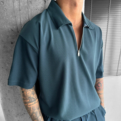 Men’s Summer Polo Zip-Up Shirt & Drawstring Shorts Set