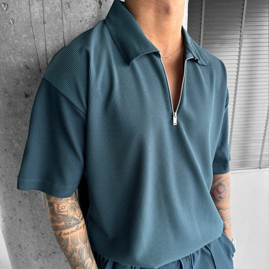 Men’s Summer Polo Zip-Up Shirt & Drawstring Shorts Set