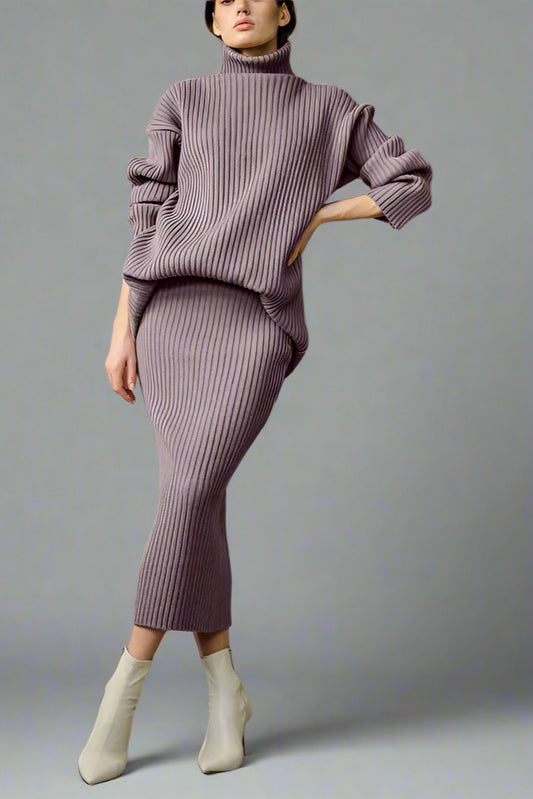 Women’s Ribbed Knit Turtleneck Sweater & Skirt Set – Elegant Two-Piece Outfit