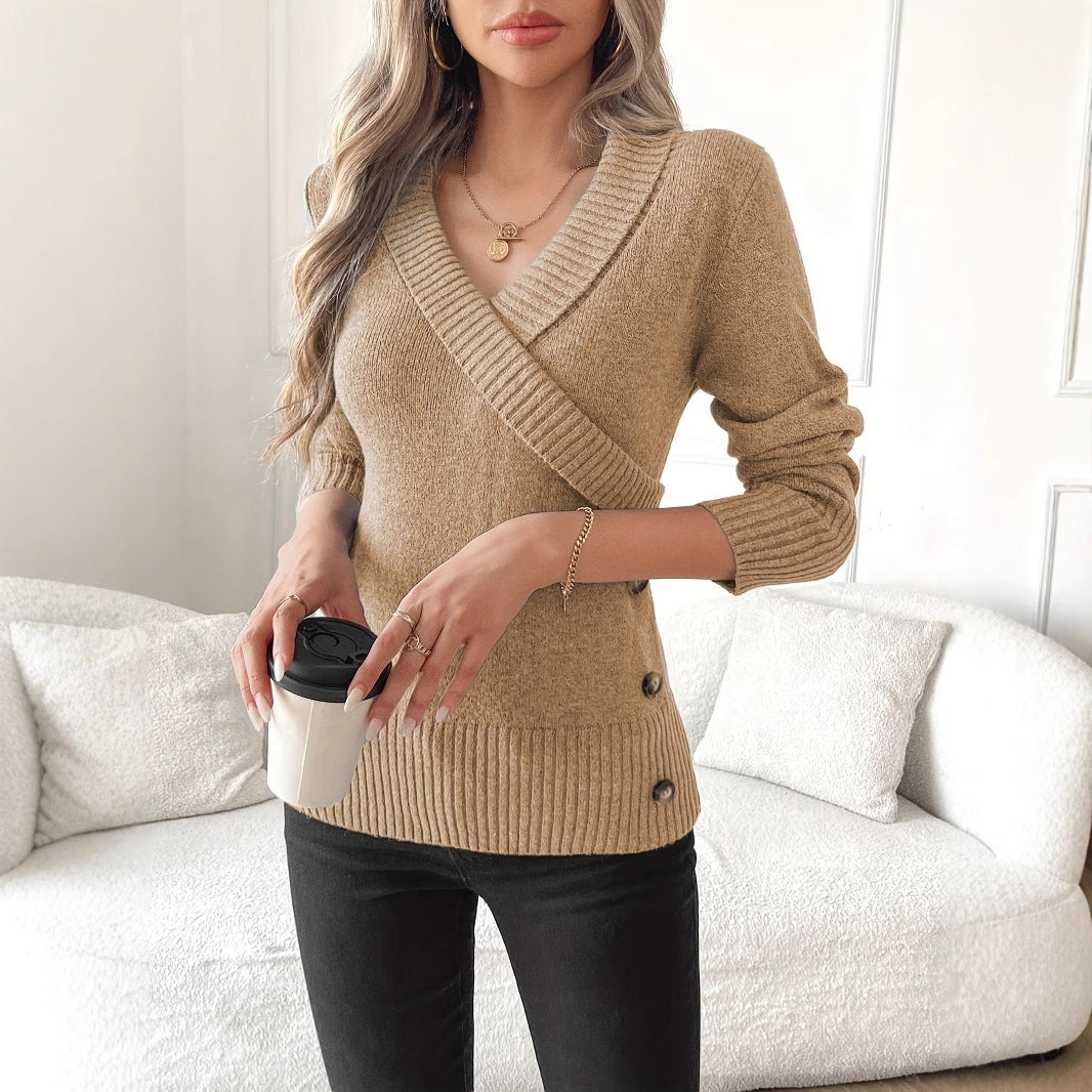 Elegant Buttoned Pullover Knit Sweater for Women – Long Sleeve, Comfy Fit