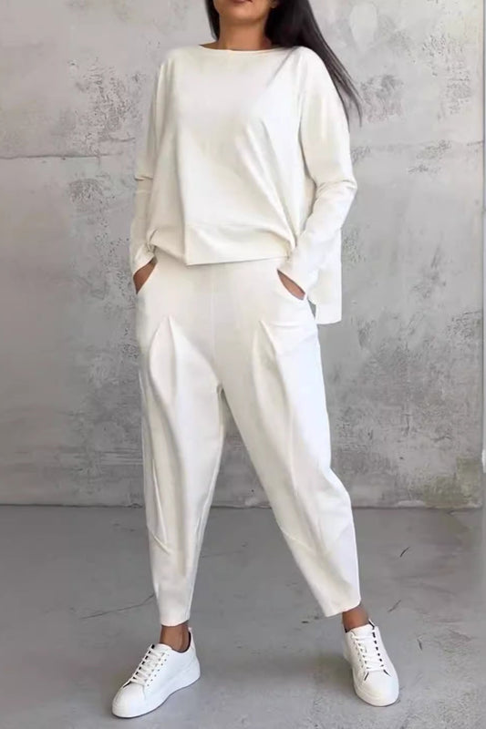 Women’s 2-Piece Lounge Set – Long Sleeve Irregular Top & Harem Pants | Casual Loose Fit Outfit with Pockets