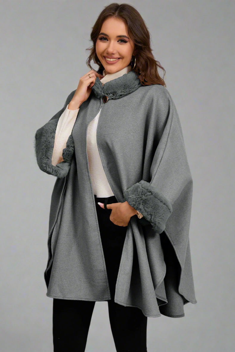 Elegant Faux Fur Collar Cape – Mid-Length Outerwear for Women