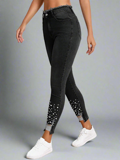 High-Waist Pearl-Embellished Ripped Skinny Jeans