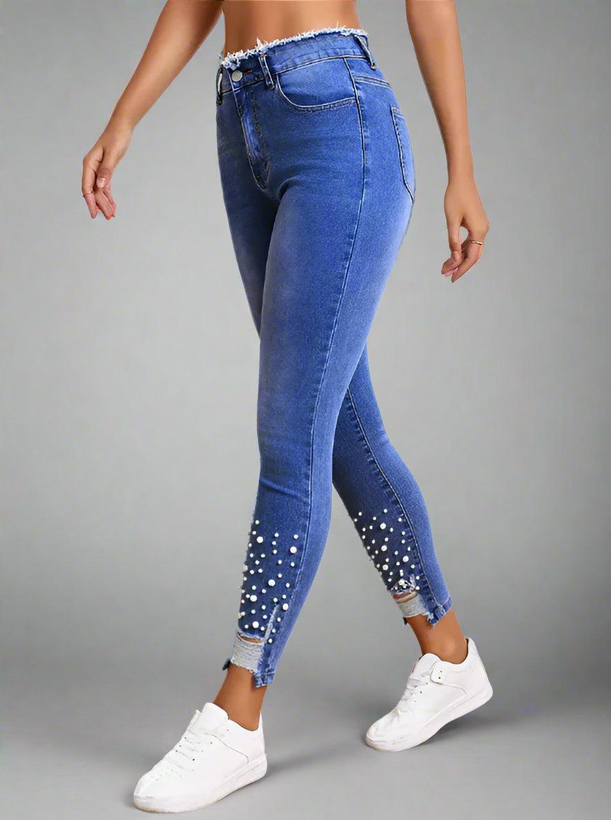 High-Waist Pearl-Embellished Ripped Skinny Jeans