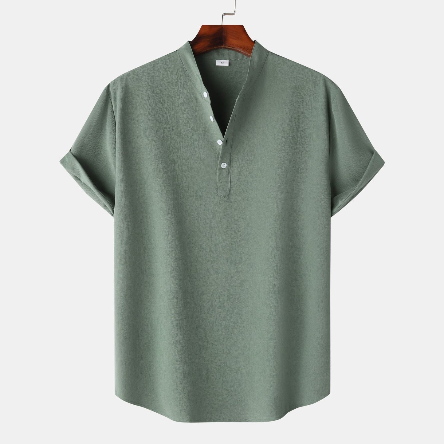 Men’s Linen Short Sleeve Shirt – Stand Collar Solid Color Pullover