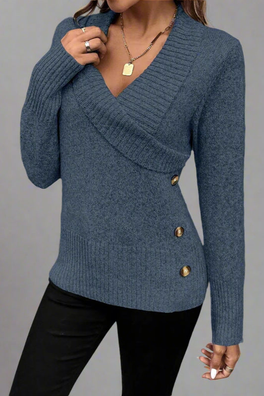 Elegant Buttoned Pullover Knit Sweater for Women – Long Sleeve, Comfy Fit