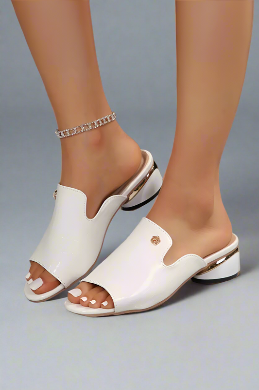 Women’s Elegant Patent Leather Open-Toe Slide Sandals – Chunky Heel, Casual Comfort