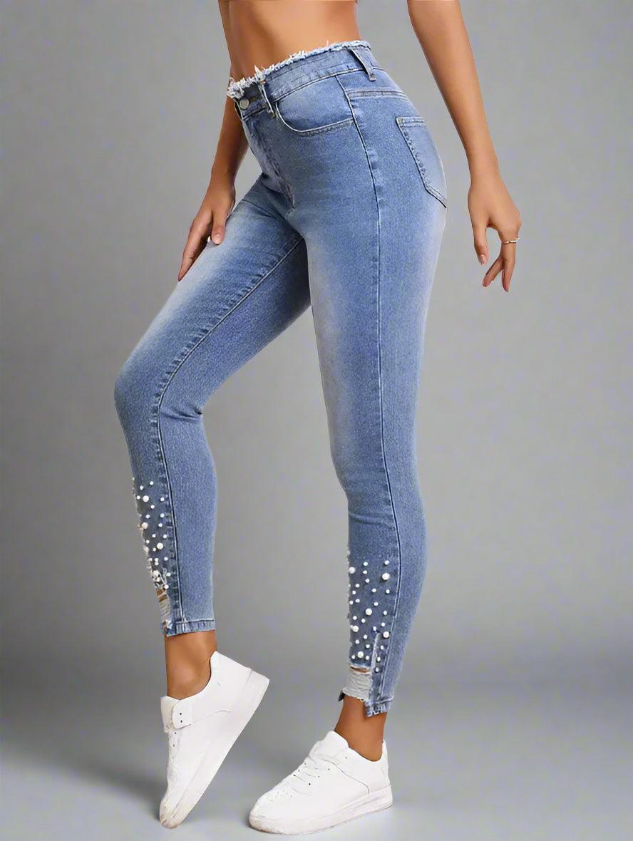 High-Waist Pearl-Embellished Ripped Skinny Jeans