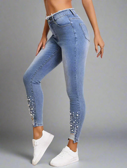 High-Waist Pearl-Embellished Ripped Skinny Jeans