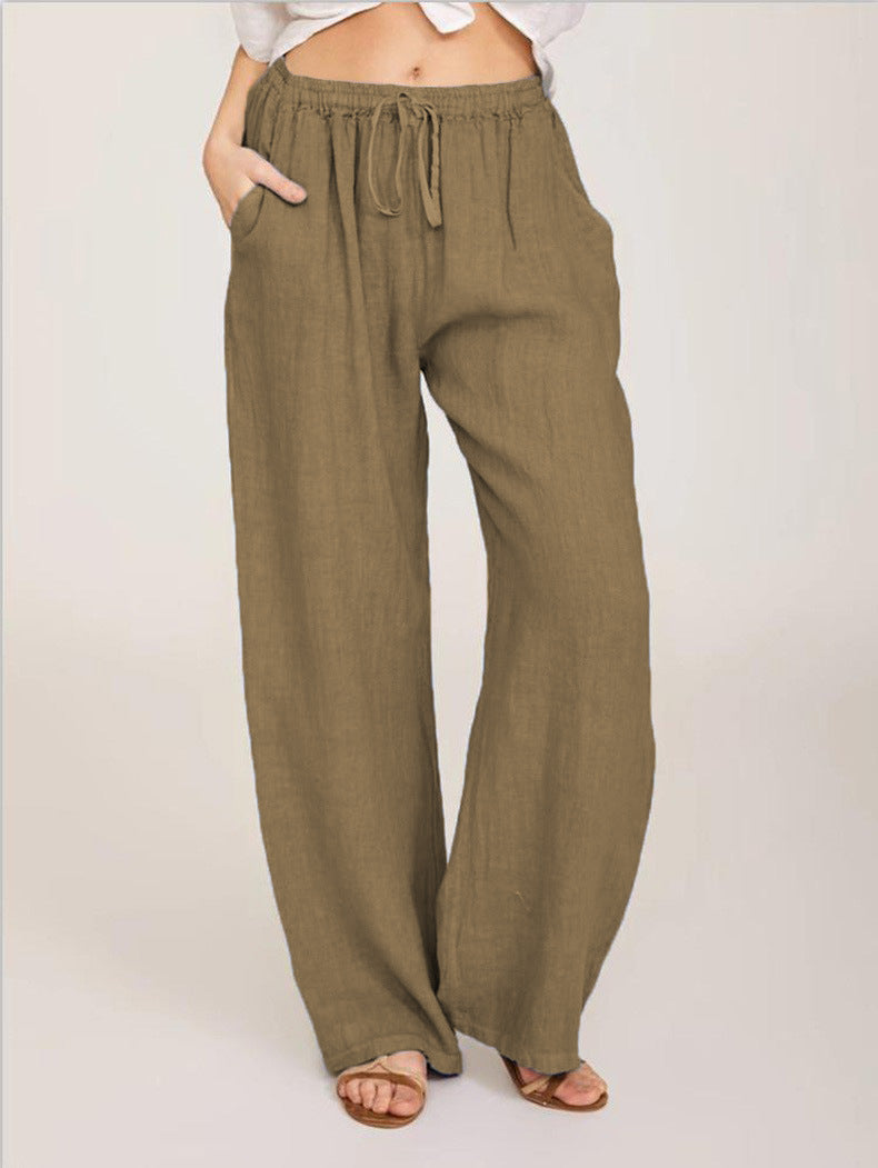 Women’s Summer Linen-Blend Drawstring Trousers with Pockets