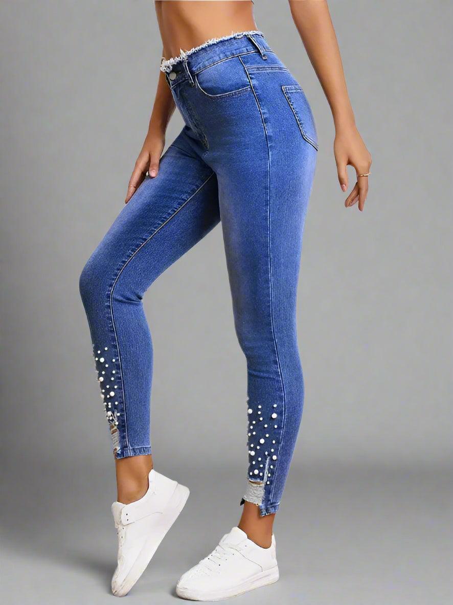 High-Waist Pearl-Embellished Ripped Skinny Jeans