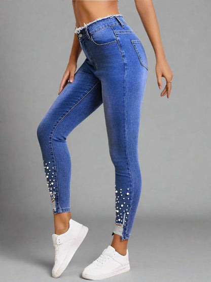 High-Waist Pearl-Embellished Ripped Skinny Jeans
