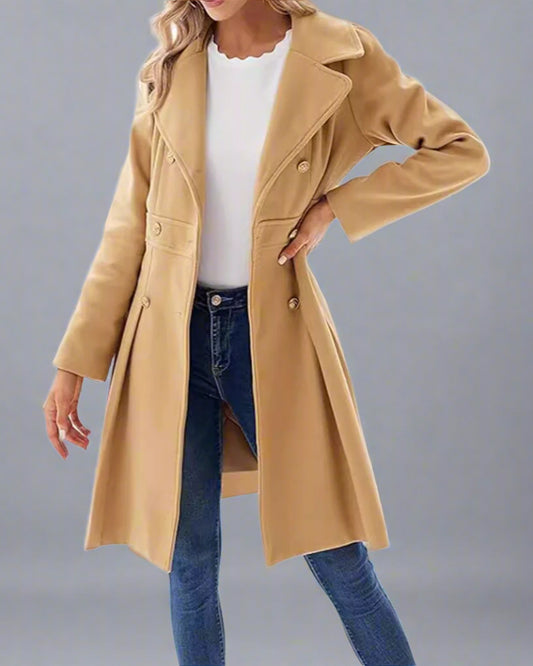 Women’s Double-Breasted A-Line Pea Coat with Lapel and Pockets