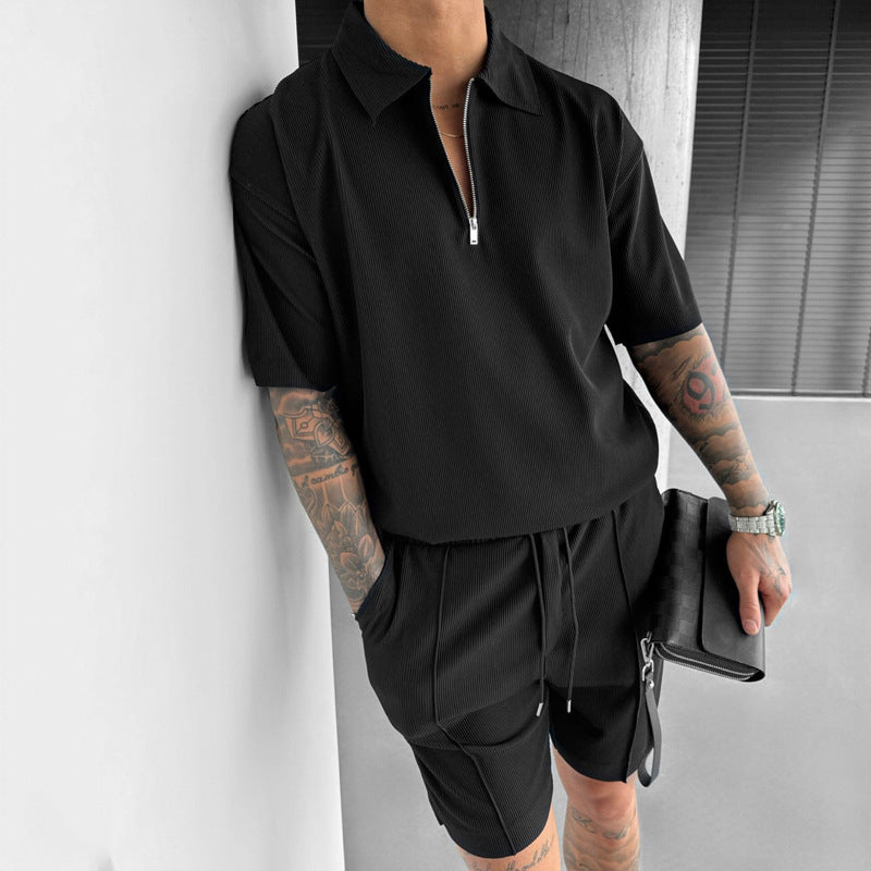 Men’s Summer Polo Zip-Up Shirt & Drawstring Shorts Set