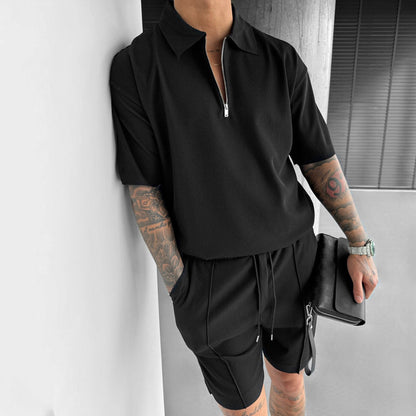 Men’s Summer Polo Zip-Up Shirt & Drawstring Shorts Set
