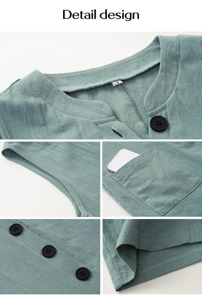 Women’s Sleeveless Cotton-Linen Jumpsuit with Buttons – Casual Wide-Leg One-Piece