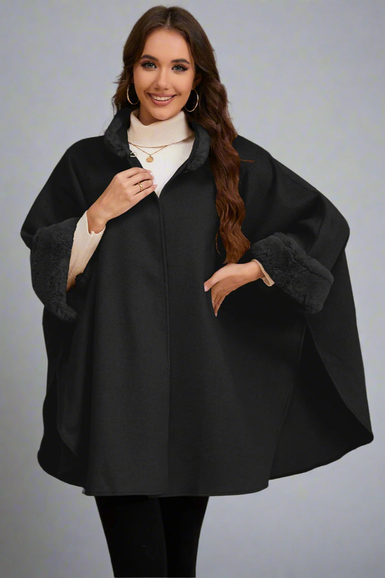 Elegant Faux Fur Collar Cape – Mid-Length Outerwear for Women
