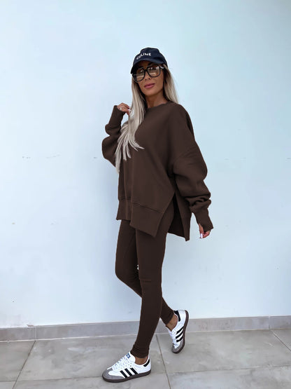 Two-Piece Lounge Set – Crew Neck Split Sweatshirt & Slim Fit Trousers