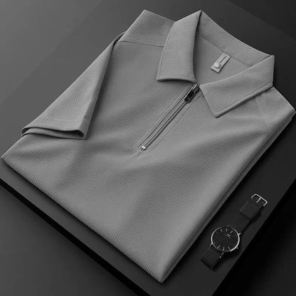 Men’s Textured Half-Zip Polo Shirt – Lightweight Short Sleeve Tee