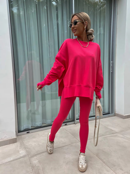 Two-Piece Lounge Set – Crew Neck Split Sweatshirt & Slim Fit Trousers