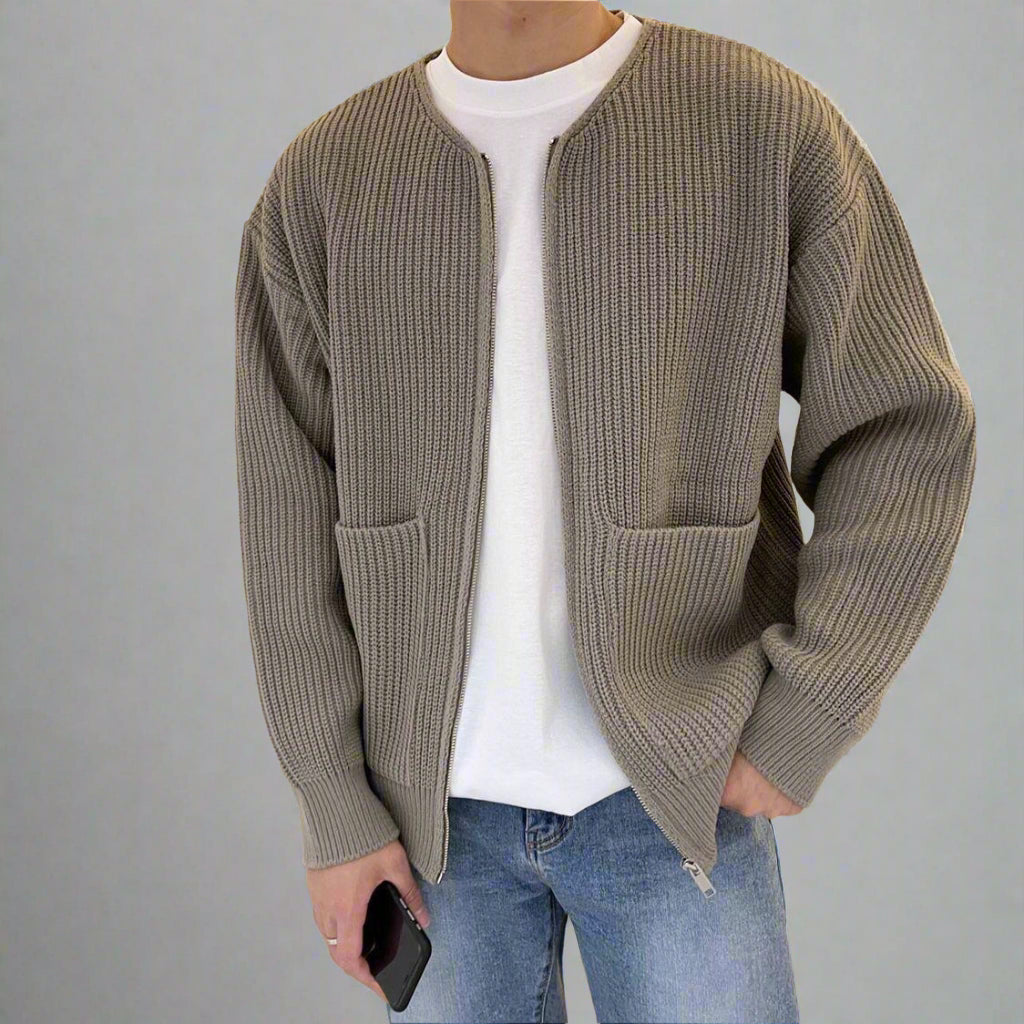 Men’s Zip-Up Knitted Cardigan with Pockets – Soft Funnel Neck Sweater for All Seasons