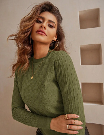 Women’s Waffle Knit Pullover – Round Neck Long Sleeve Sweater