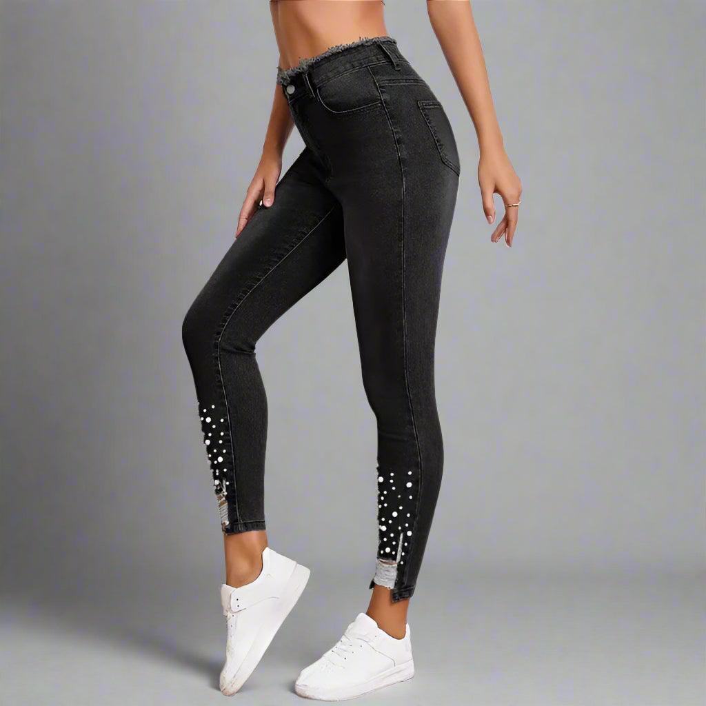 High-Waist Pearl-Embellished Ripped Skinny Jeans