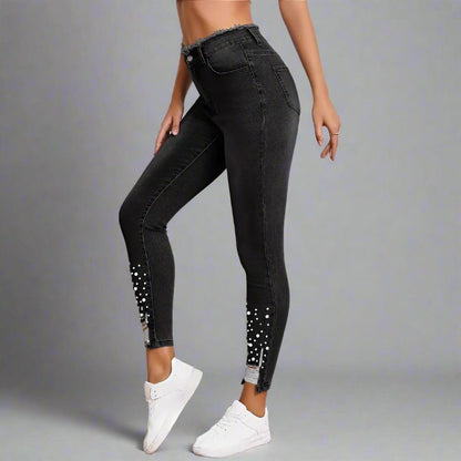 High-Waist Pearl-Embellished Ripped Skinny Jeans