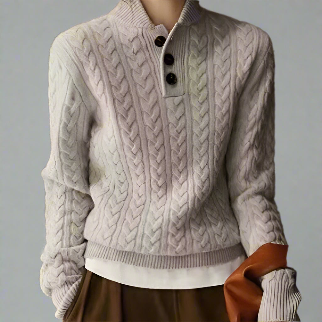 Textured Twisted Knit Pullover with Baseball Collar – Women’s Sweater