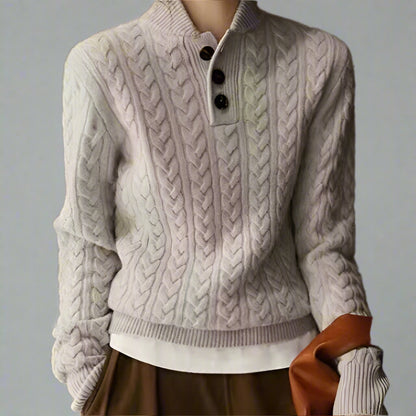 Textured Twisted Knit Pullover with Baseball Collar – Women’s Sweater