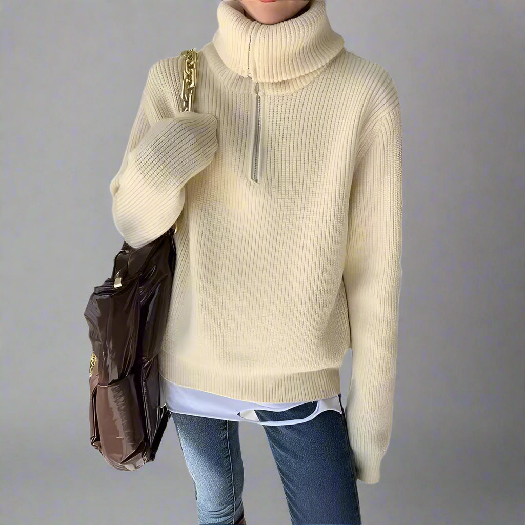 Women’s Loose Fit Zipper Sweater – Plaid Pattern Casual Pullover