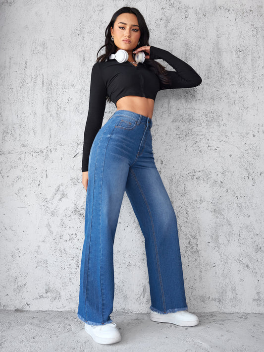 High Waist Wide-Leg Denim Jeans for Women – Straight Fit, Frayed Hem, Casual Non-Stretch Style
