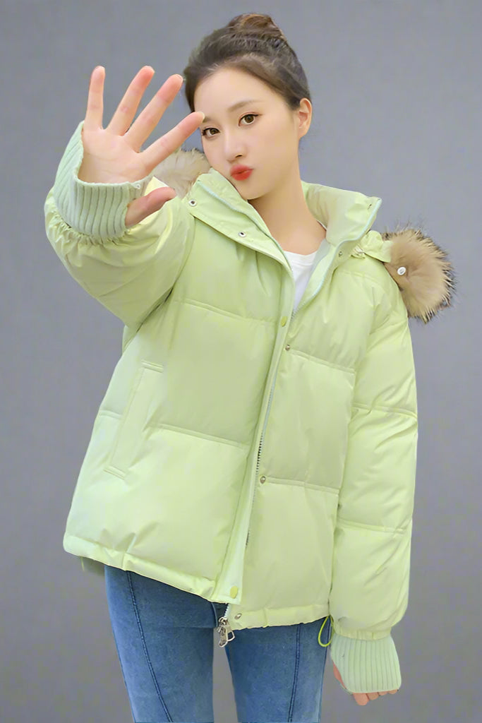Thermal Quilted Hooded Jacket with Faux Fur Collar