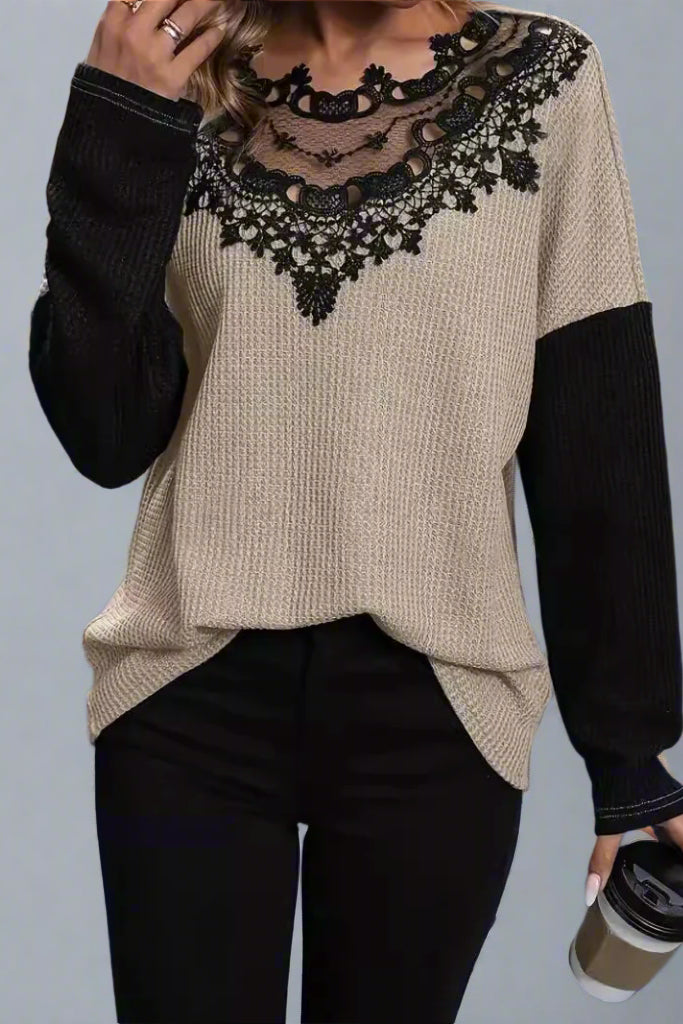 Women’s Lace Stitch Hollow Blouse – Loose Fit Elegant Long Sleeve Top