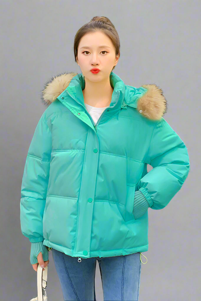 Thermal Quilted Hooded Jacket with Faux Fur Collar