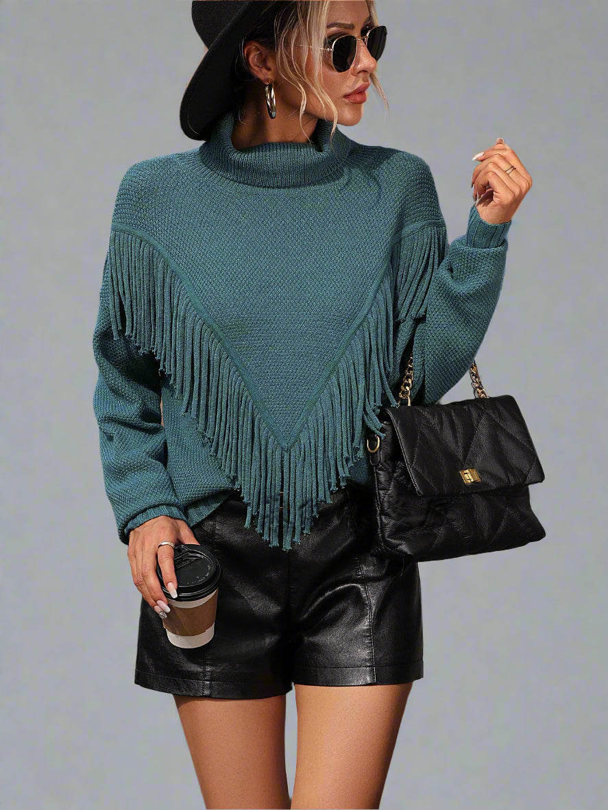 Women’s Loose-Fit Turtleneck Knit Sweater with Tassel Detailing