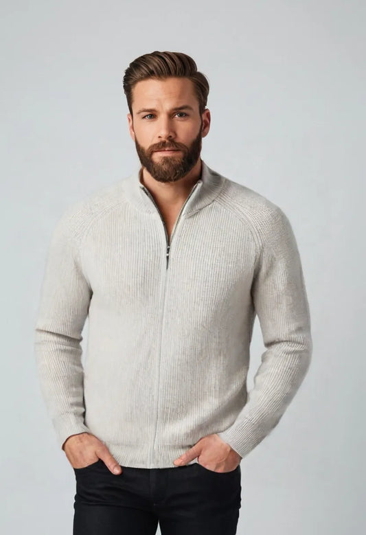 Men’s Long Zipper Knitted Cardigan – Slim Fit Casual Fall/Winter Outerwear