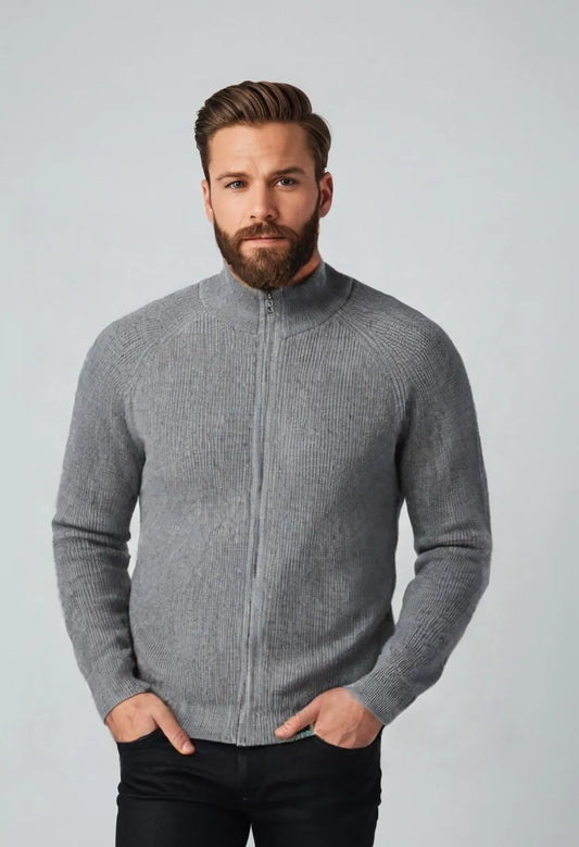 Men’s Long Zipper Knitted Cardigan – Slim Fit Casual Fall/Winter Outerwear