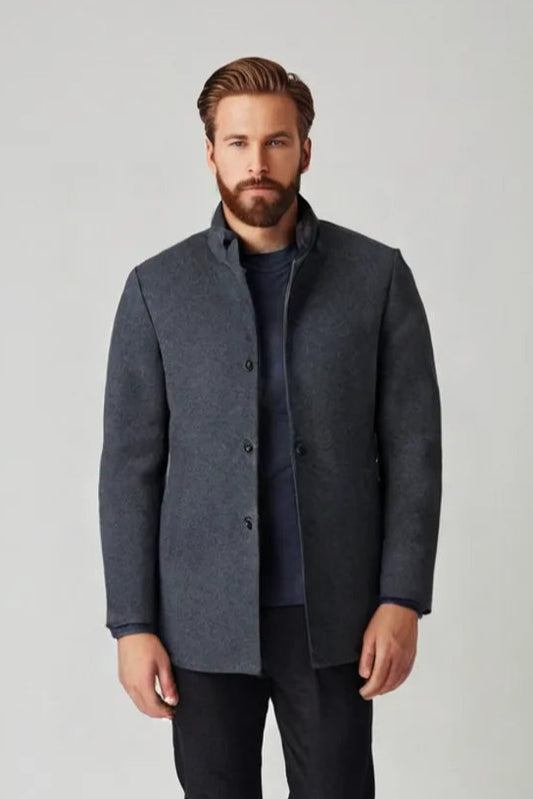 Men’s Stand Collar Woolen Overcoat – Classic Winter Outerwear