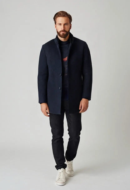 Men’s Stand Collar Woolen Overcoat – Classic Winter Outerwear