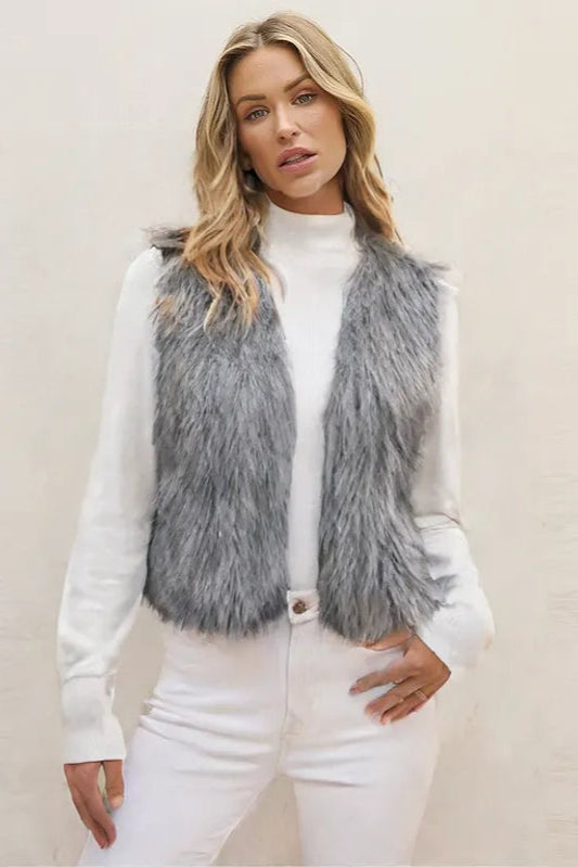 Women’s V-Neck Faux Fur Vest – Short Commuter Style Sleeveless Top
