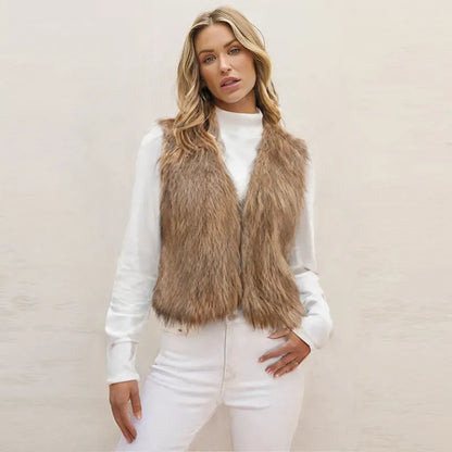 Women’s V-Neck Faux Fur Vest – Short Commuter Style Sleeveless Top