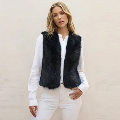 Women’s V-Neck Faux Fur Vest – Short Commuter Style Sleeveless Top
