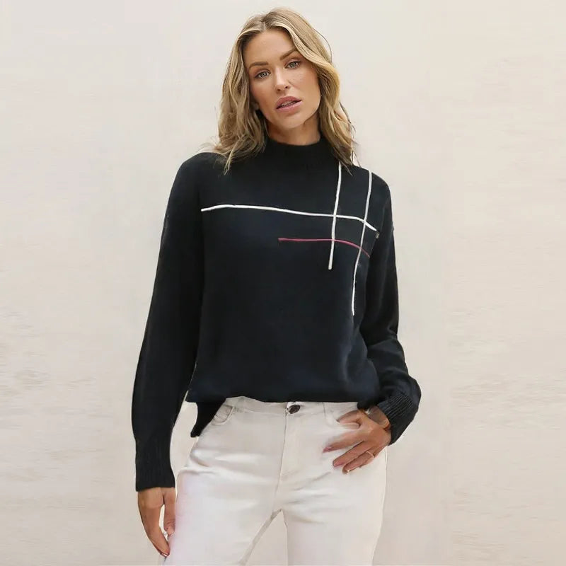 Women’s Half Turtleneck Loose Knit Sweater – Mid-Length Pullover